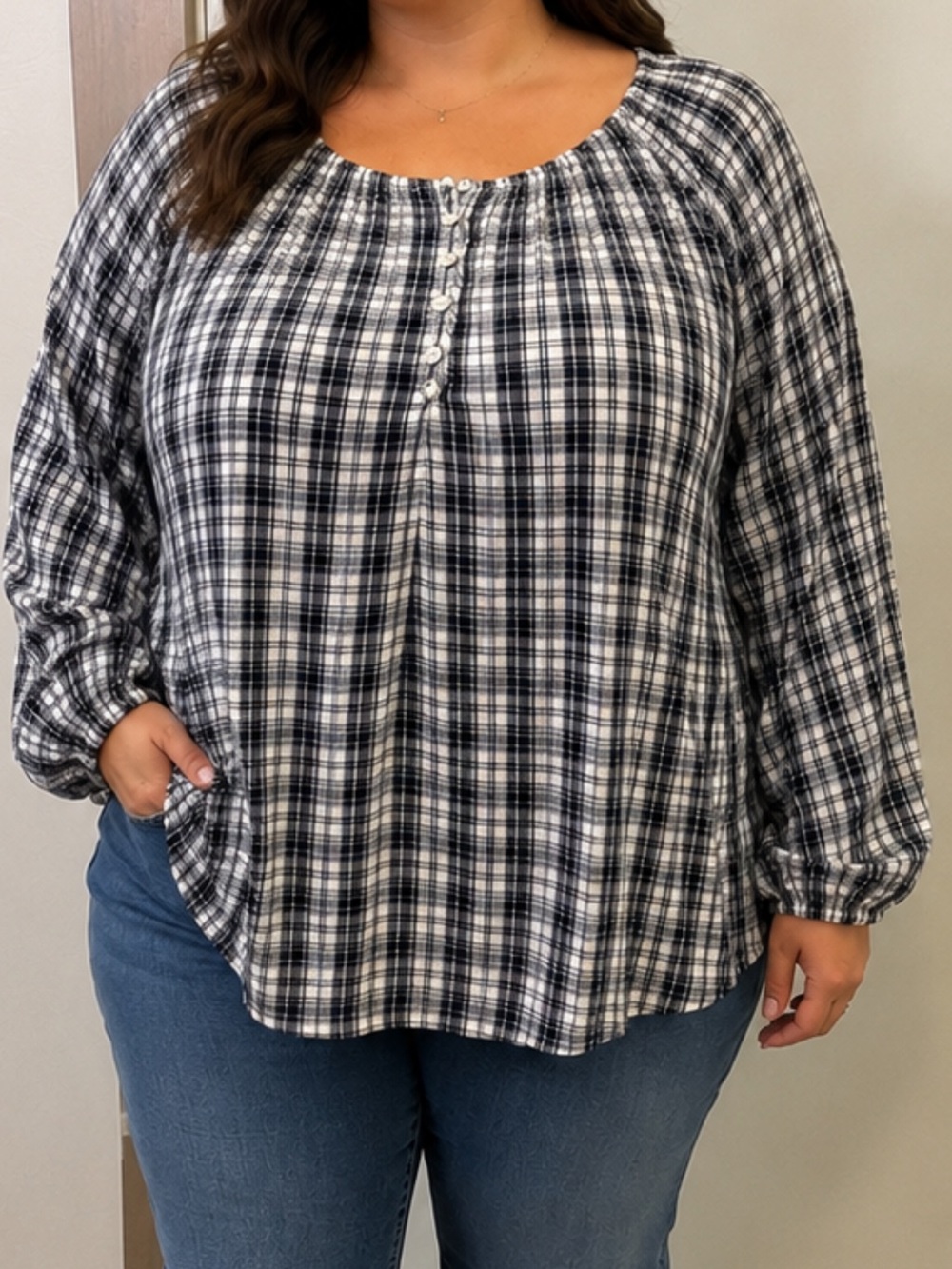 Old Navy Black White Plaid Popover 1/2 Button Blouse Puff Sleeve Cotton Flowy XL